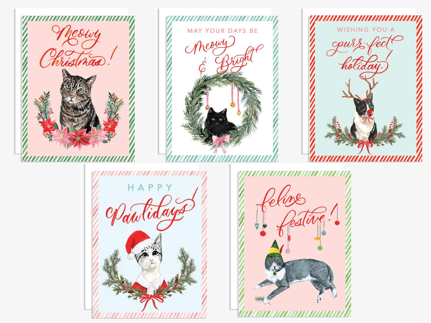 Christmas Cats Holiday Greeting Cards - Set of 5