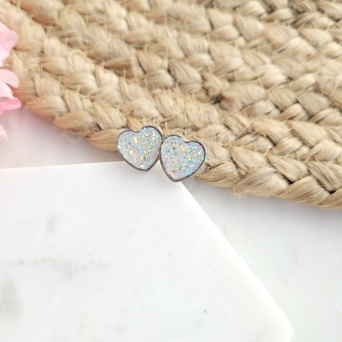 Druzy Heart Stud Earrings - Crystal
