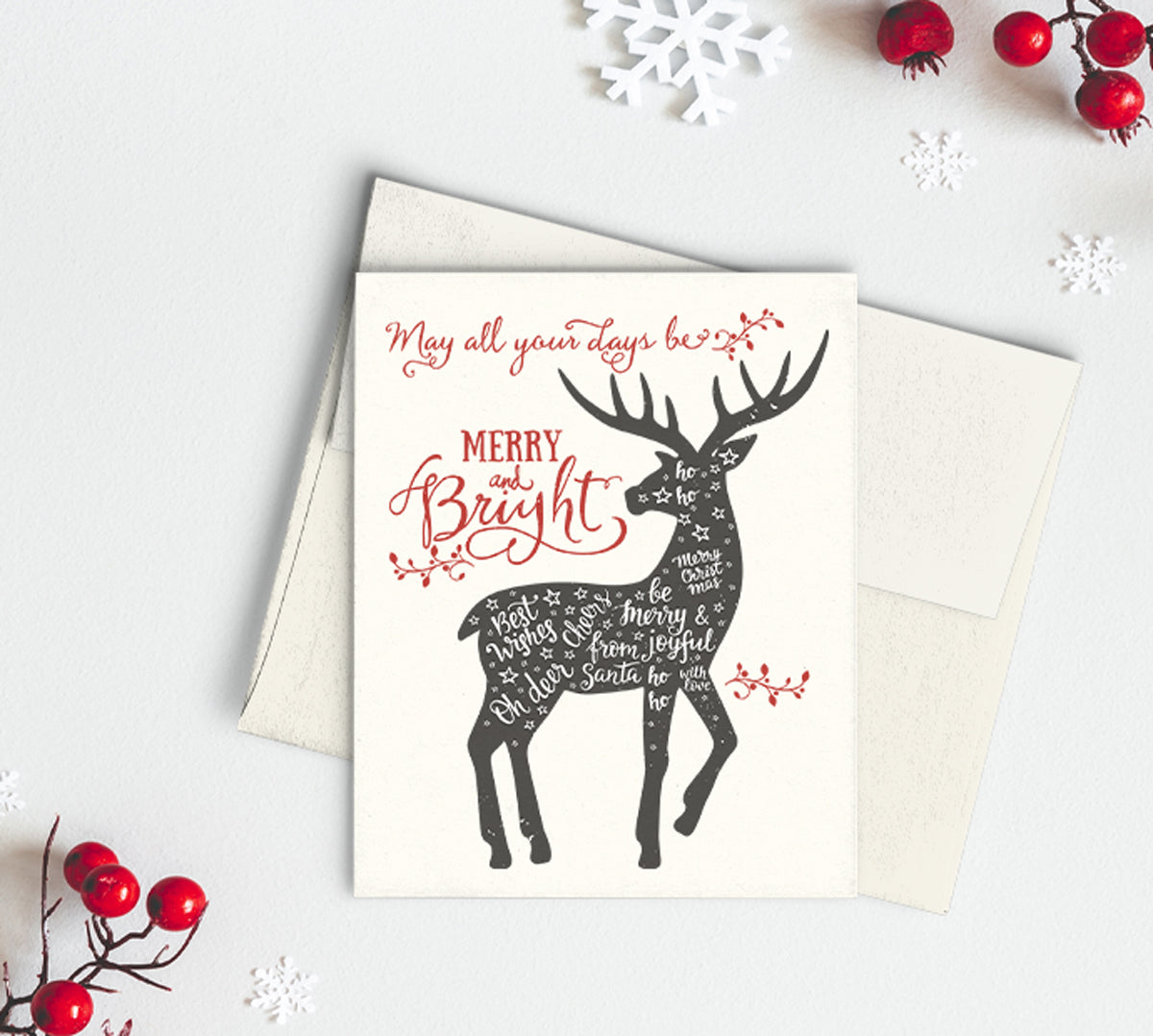 Reindeer Merry & Bright Christmas Holiday 12 pack Flat note cards