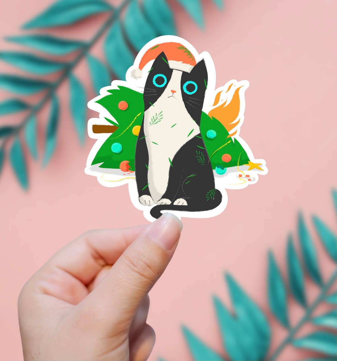 Cat Burning Christmas Tree Sticker