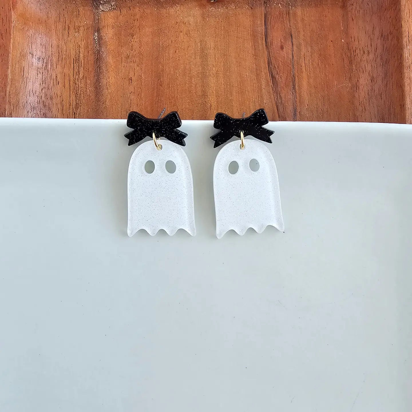 Bow Ghost Earrings- White Glitter