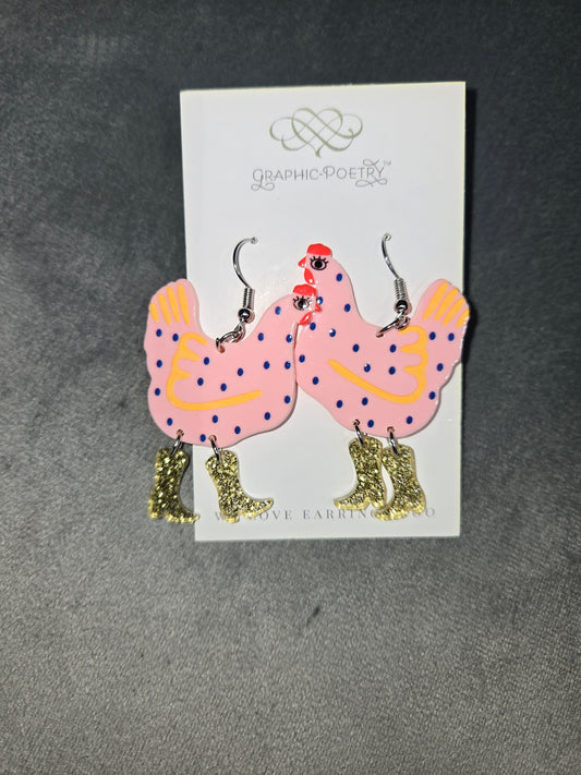 Chick in boots Dangle Earrings- Pink