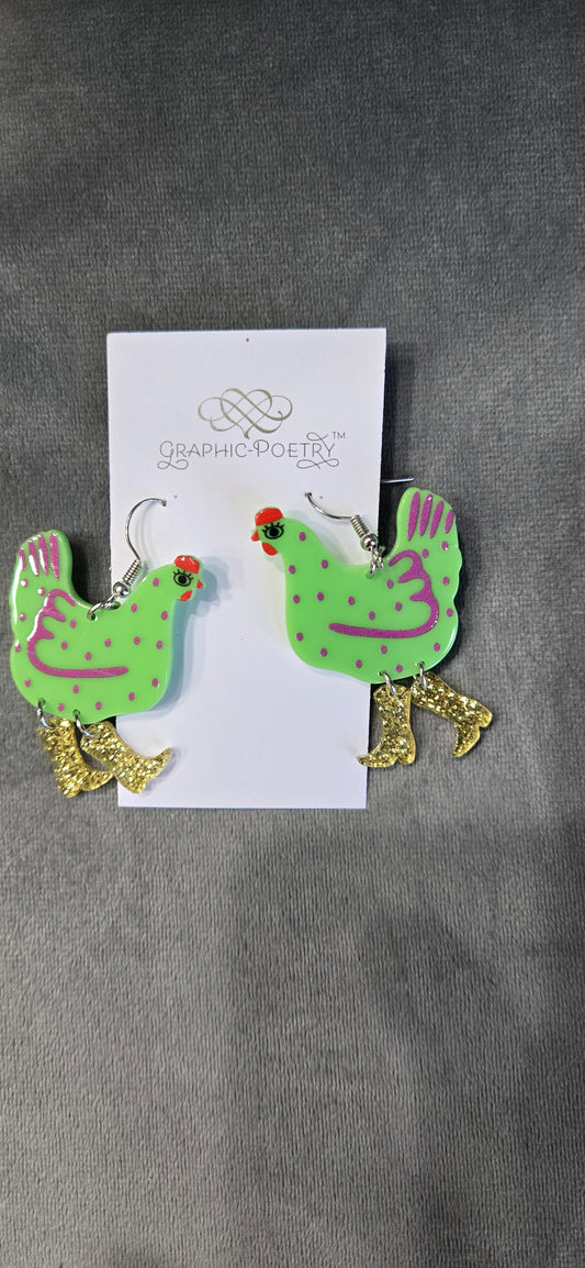 Chick in boots Dangle Earrings- Green