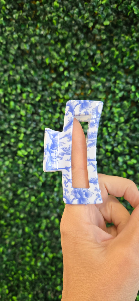 Blue & White Floral Hair Claw- Rectangle