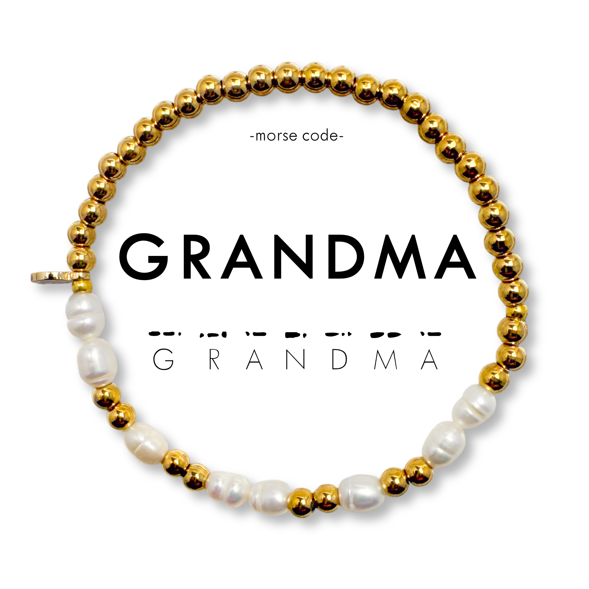 Morse Code Pearl & Gold Waterproof Beaded Bracelet | GRANDMA