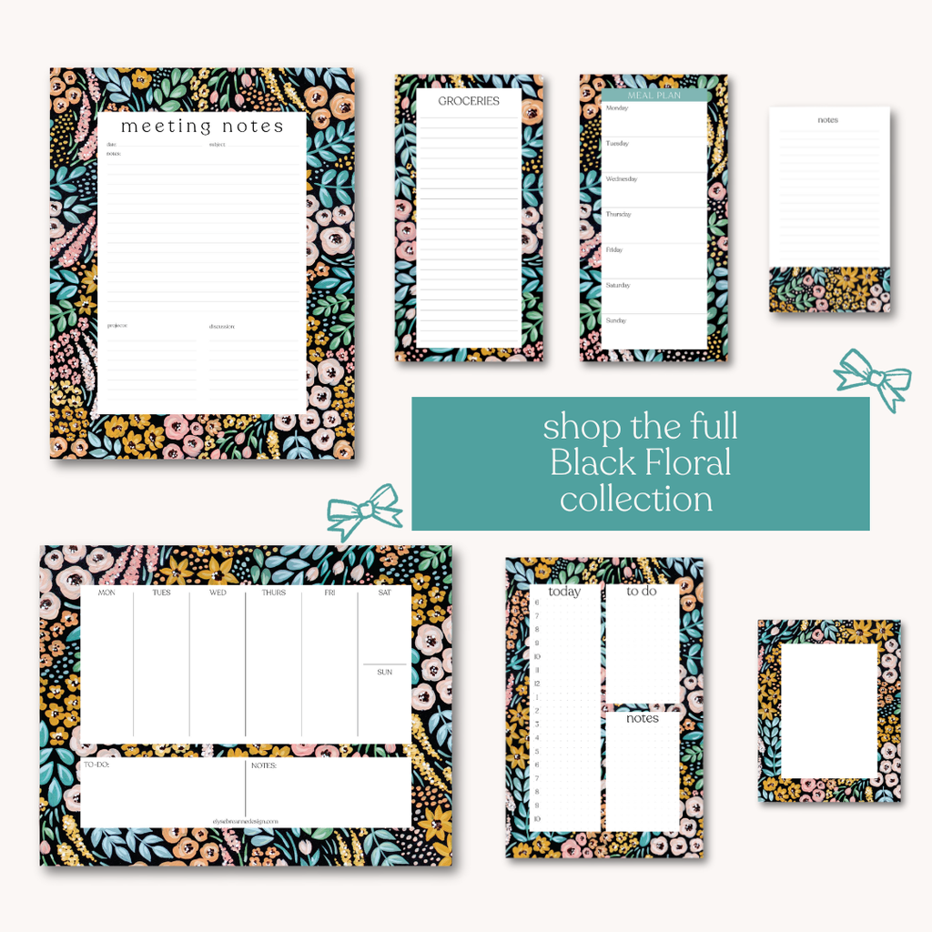 Black Floral Lined Notepad