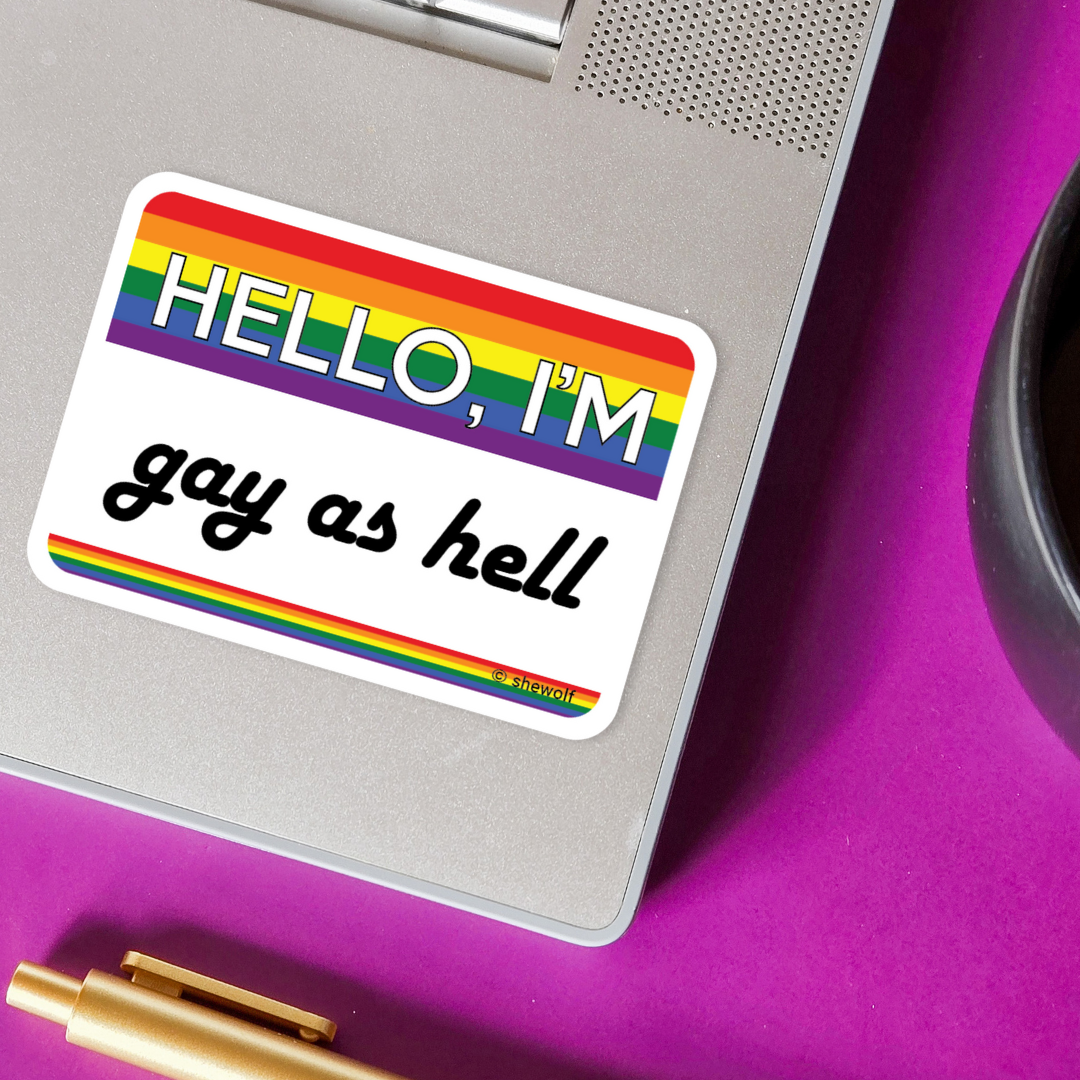 Sticker: I'm Gay as Hell Nametag | LGBTQ+ Pride Accessories