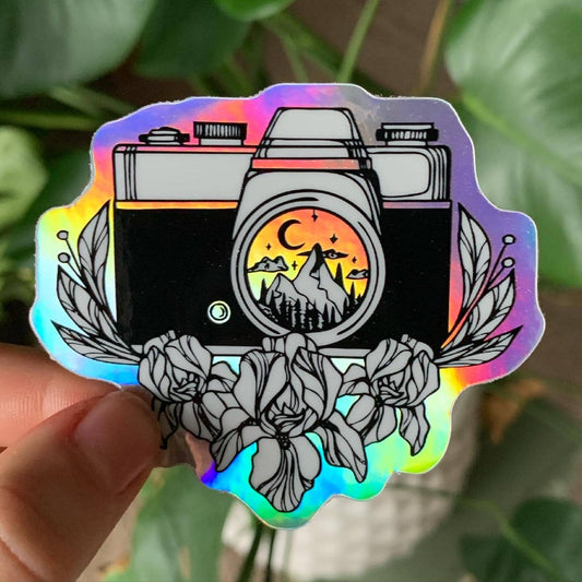 Holographic Vintage Camera Floral Sticker