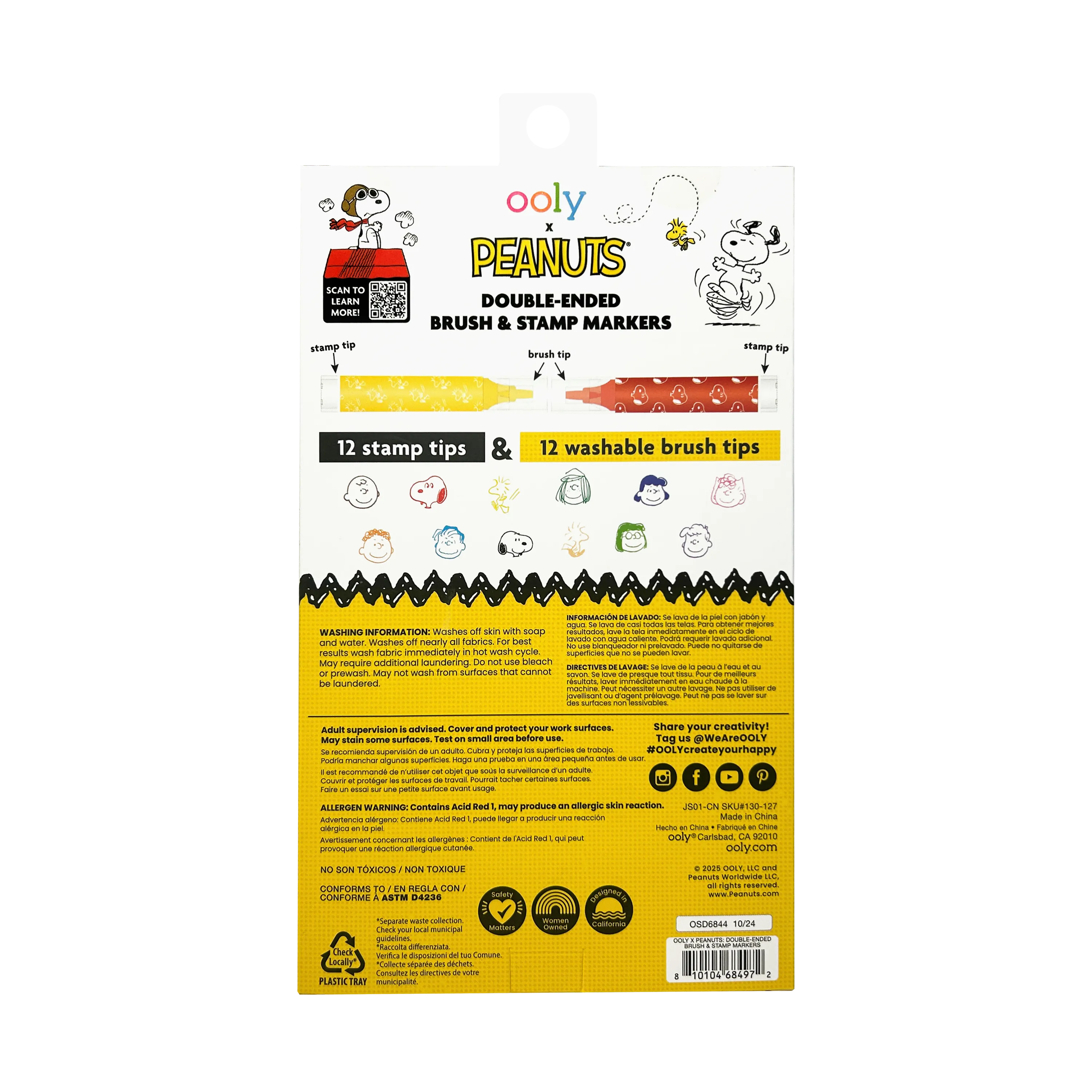 OOLY x Peanuts: Double-Ended Brush & Stamp Markers -Set of 6