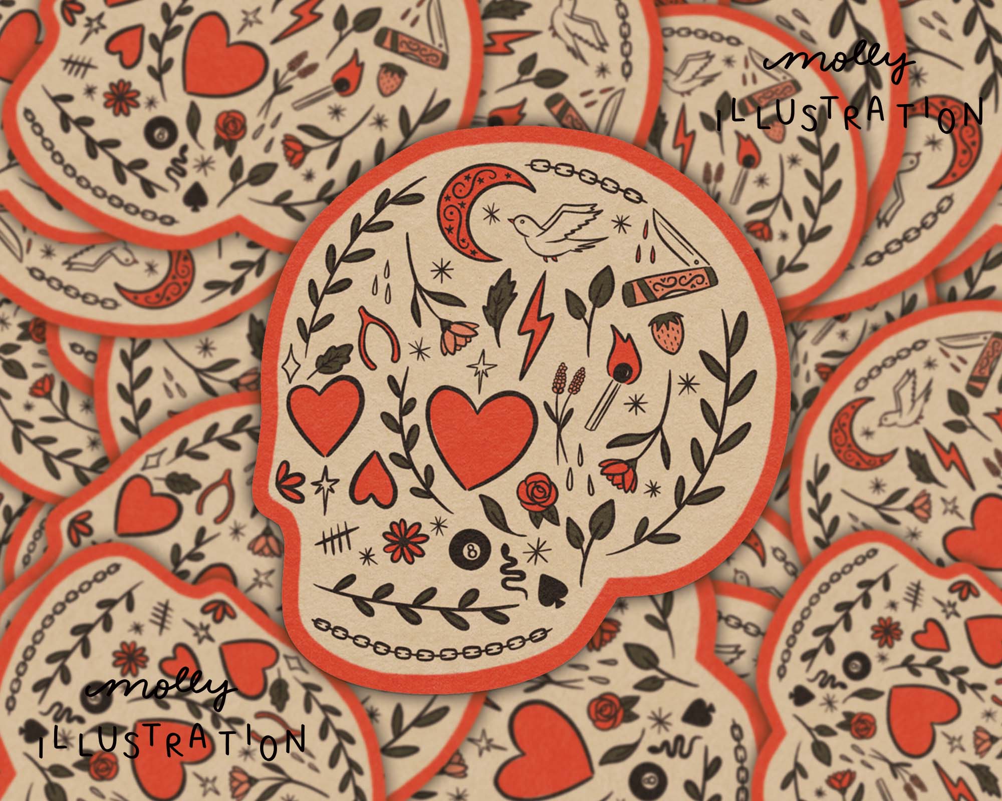 Heart Eyes Botanical Skull Sticker