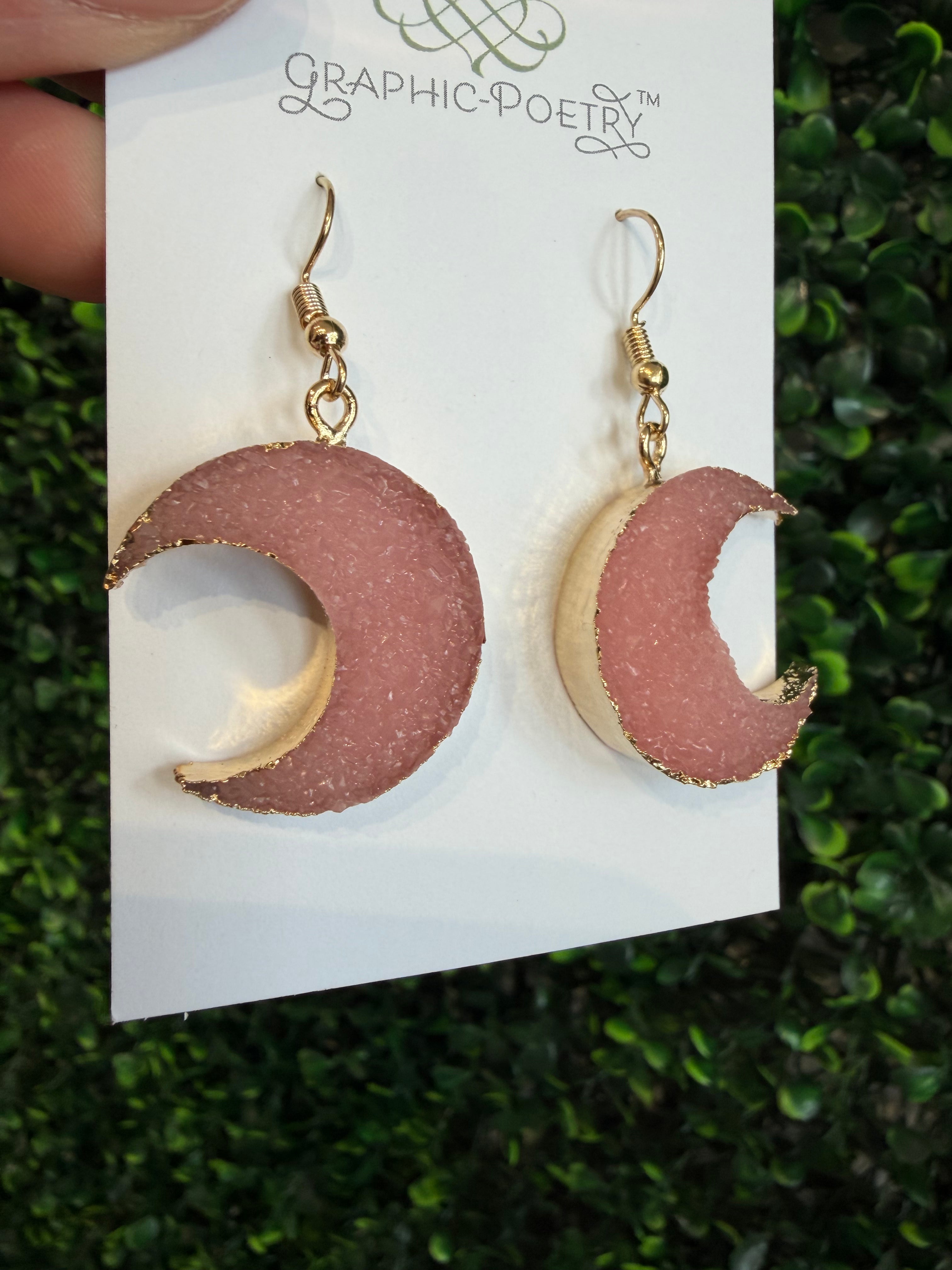 Pink Crystal Crescent Moon Earrings