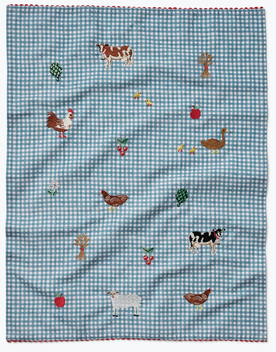Country Farm Gingham Embroidered Tea Towel