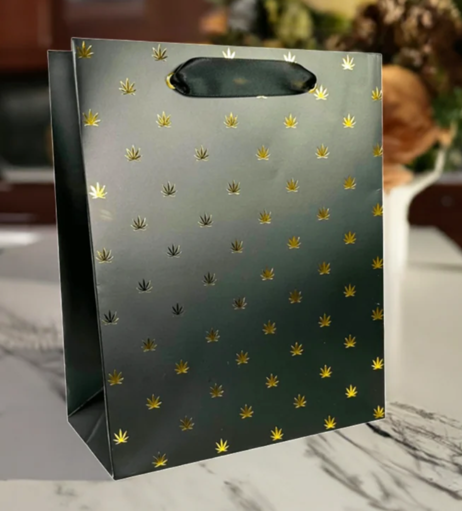 Black And Gold Pot Leaf Print Gift Bag
