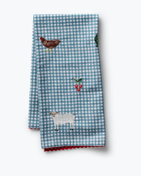 Country Farm Gingham Embroidered Tea Towel