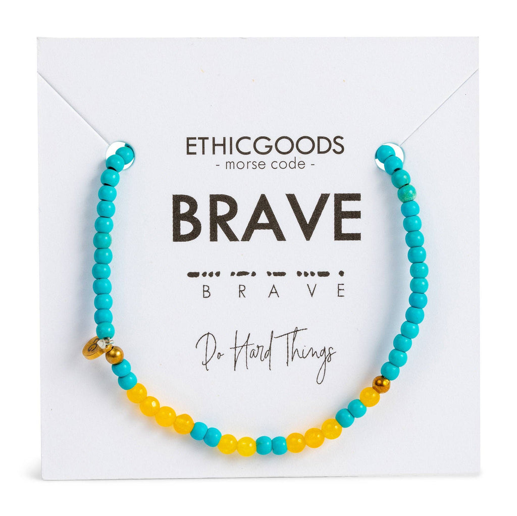 Dainty Morse Code Bracelet - Brave - Turquoise & Yellow Quartz