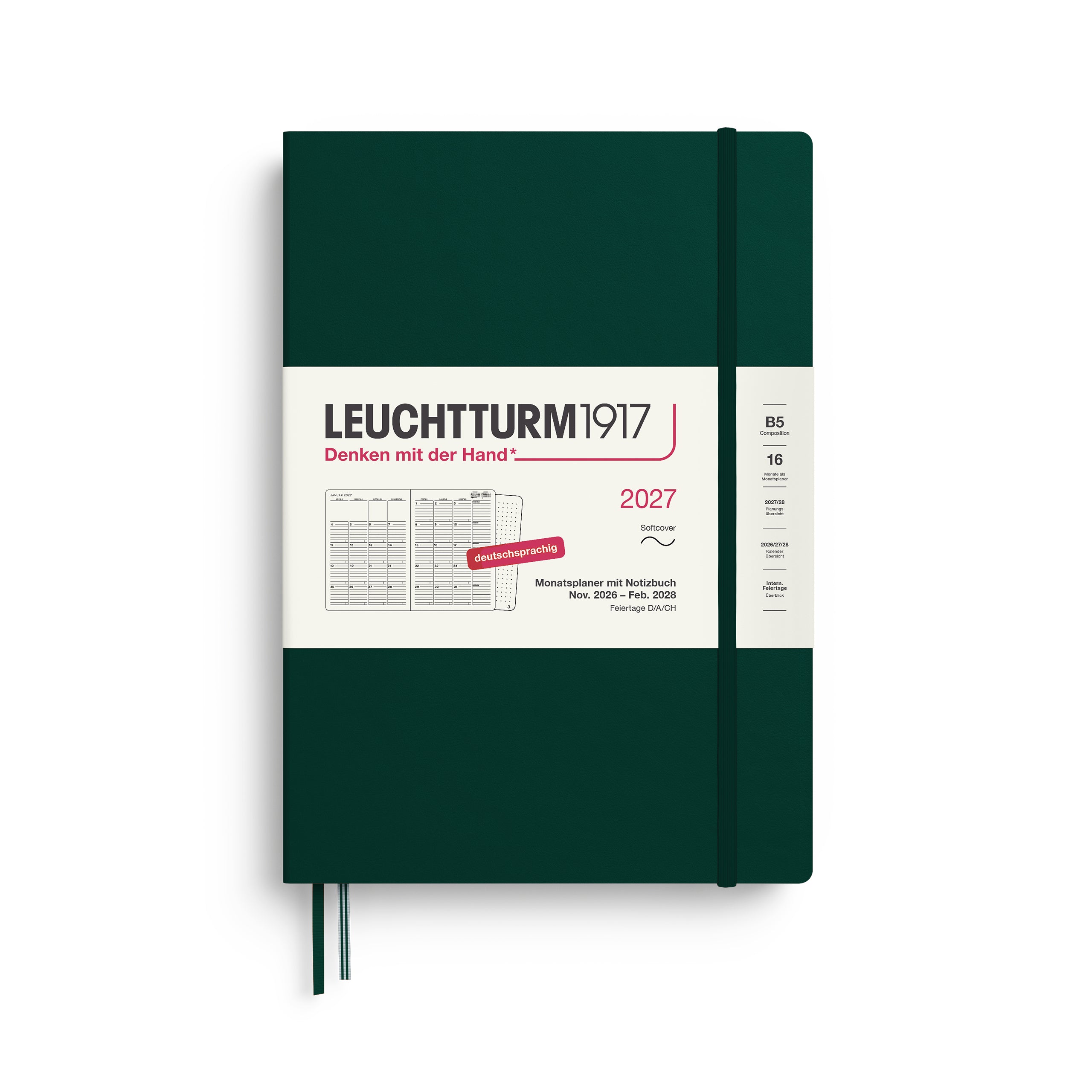 Leuchtturm1917 B5 Monthly Planner & Notebook 2027 - Forest Green
