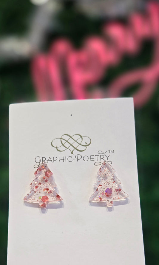 Pink Glitter Tree Earrings