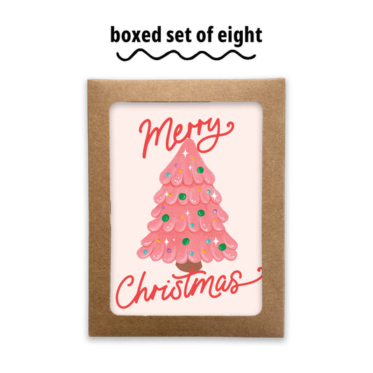 Merry Christmas Pink Tree Card - Boxed Set of 8