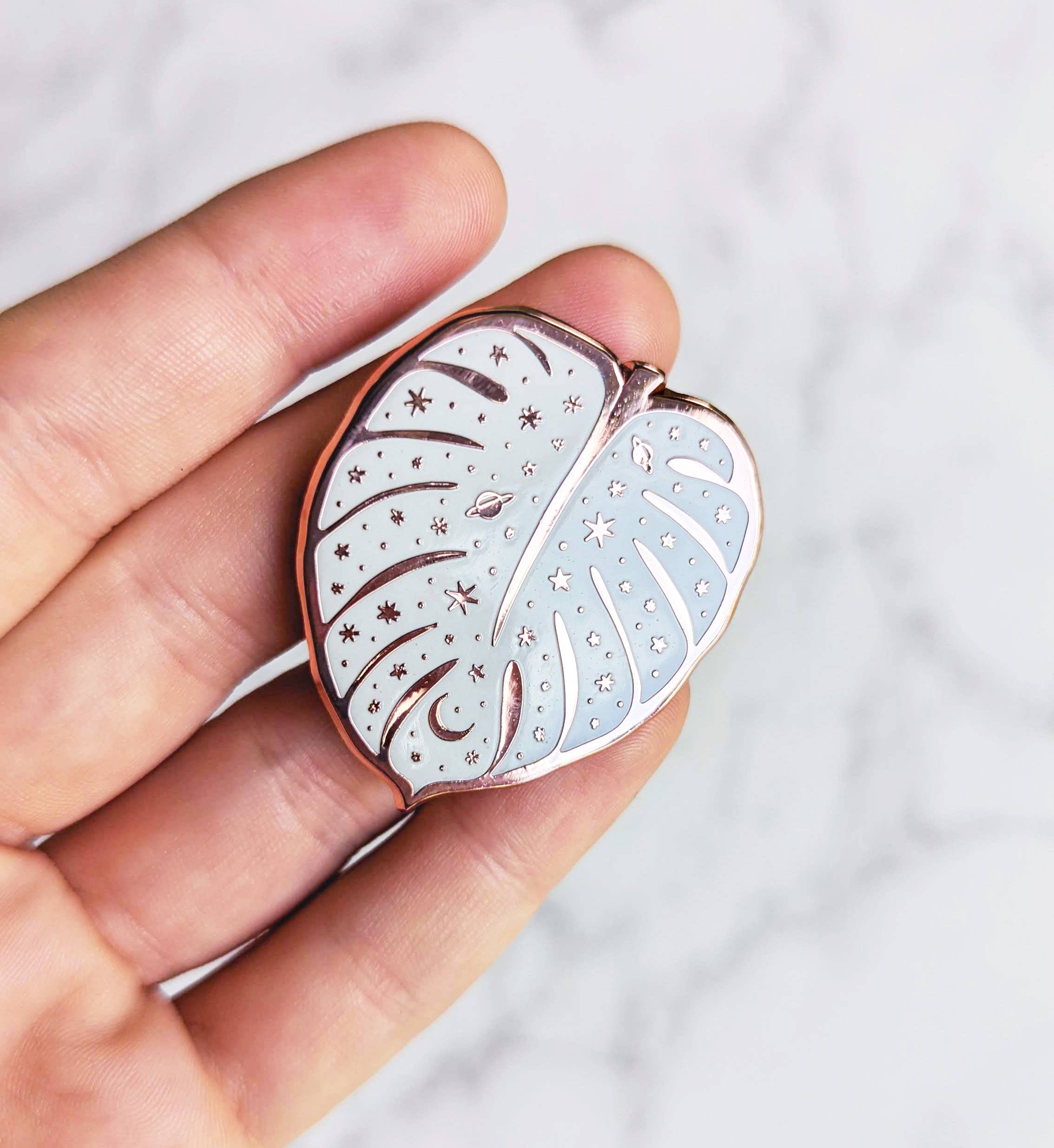 Celestial Monstera Stars & Moon Enamel Pin, Copper Rose Gold