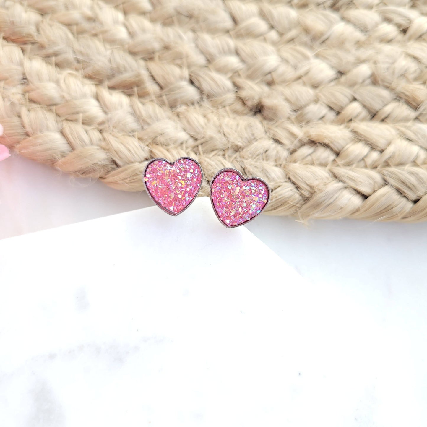 Druzy Heart Studs Earrings - Pink