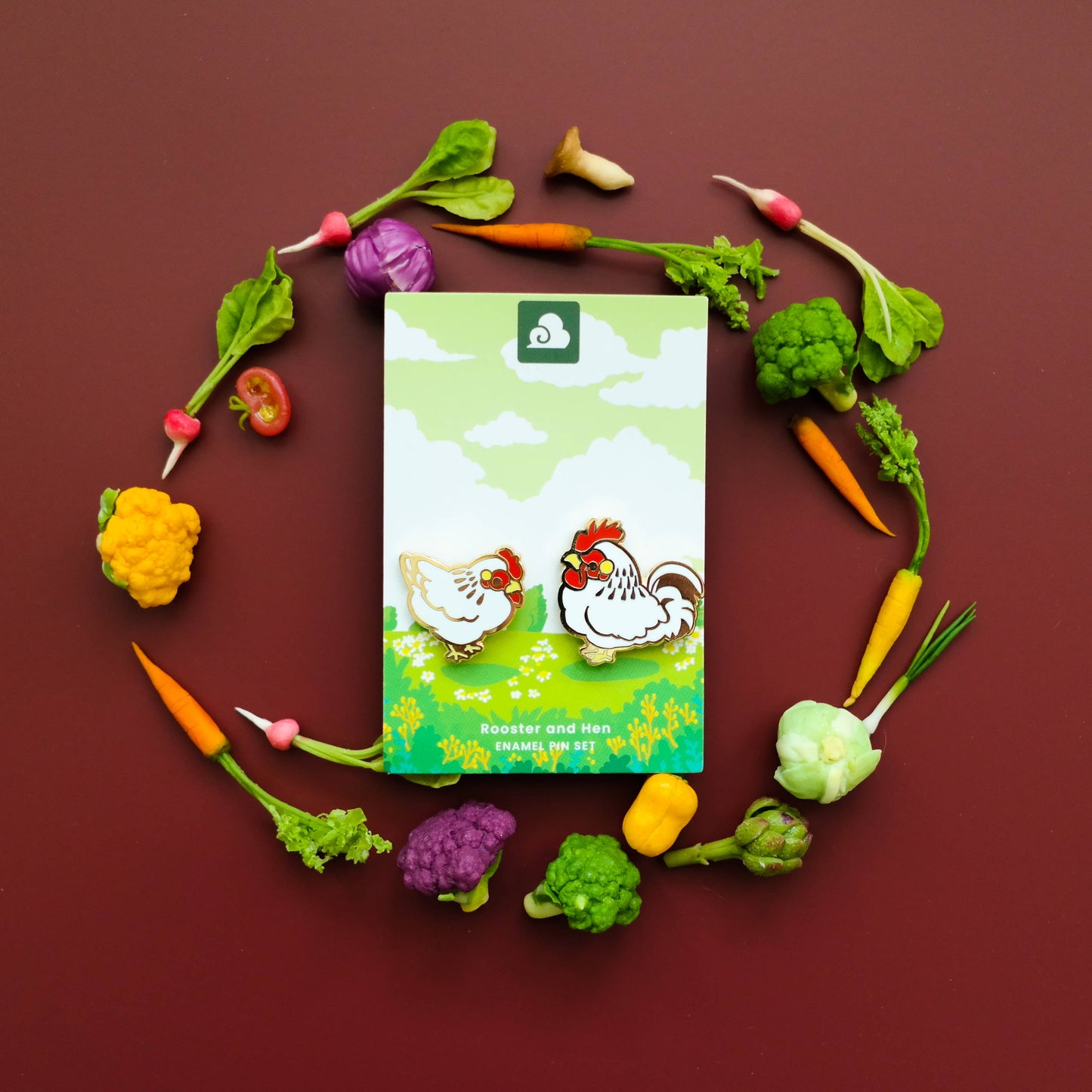 White Rooster and Hen Enamel Pin Set