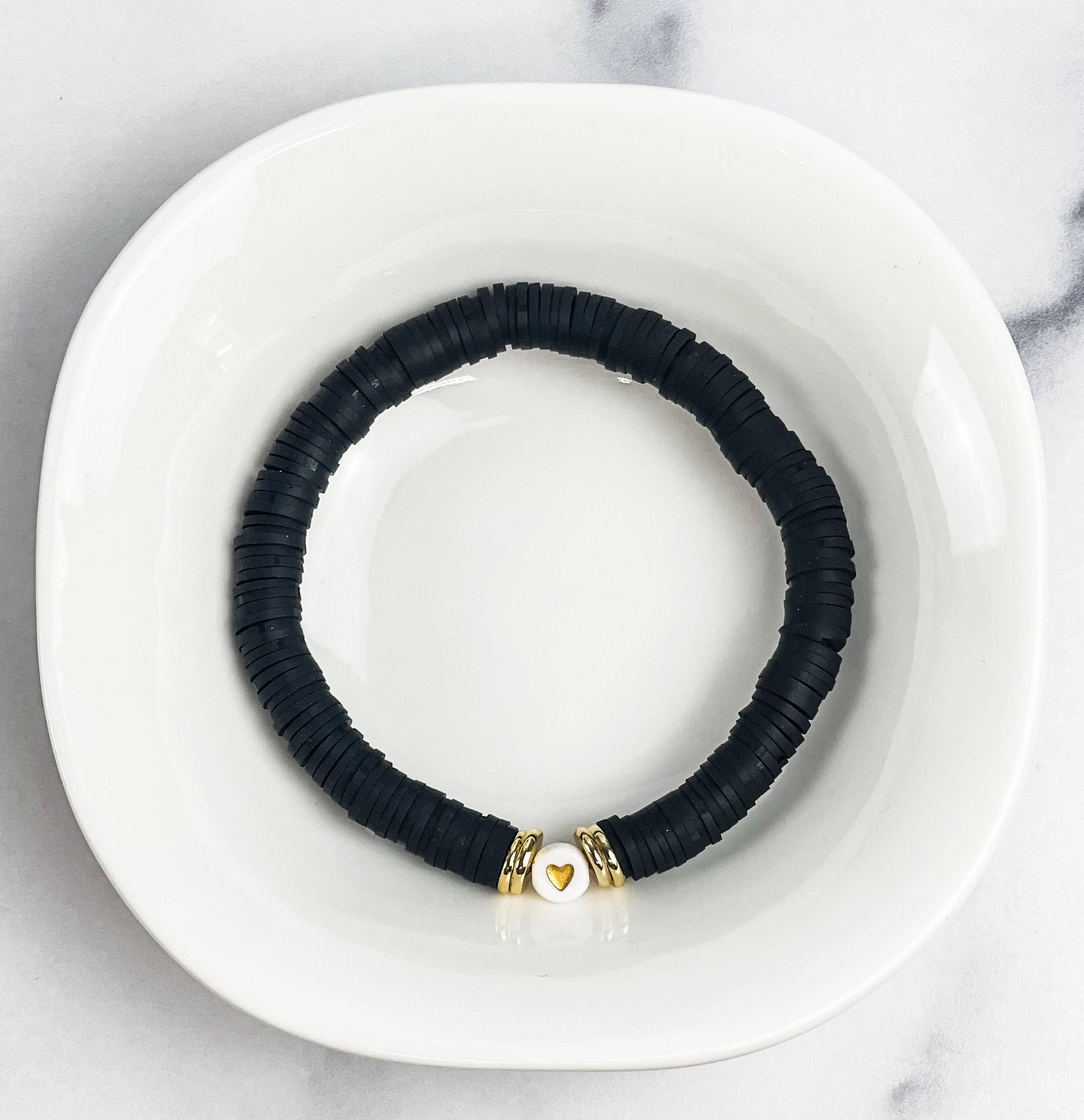 7.5" Black with Heart Heishi Bracelet