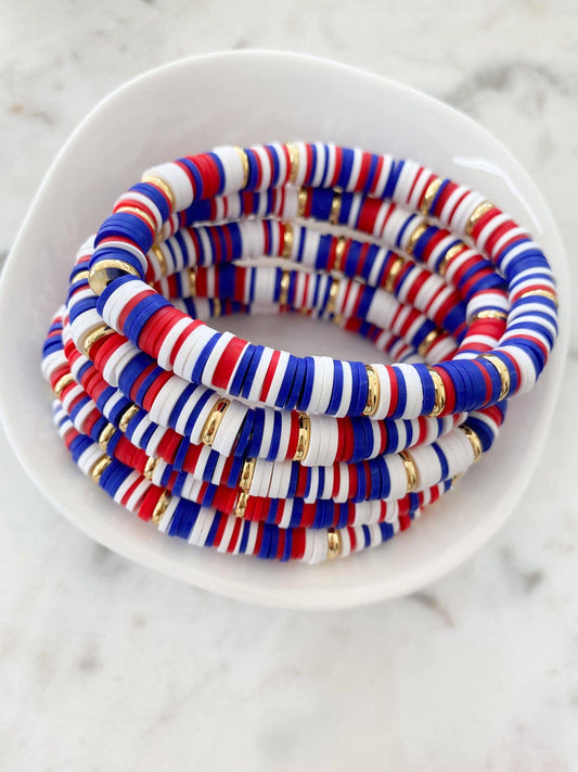 Red White & Blue (Bills Theme) Heishi Bracelet with Multi Gold Discs - 7 inch