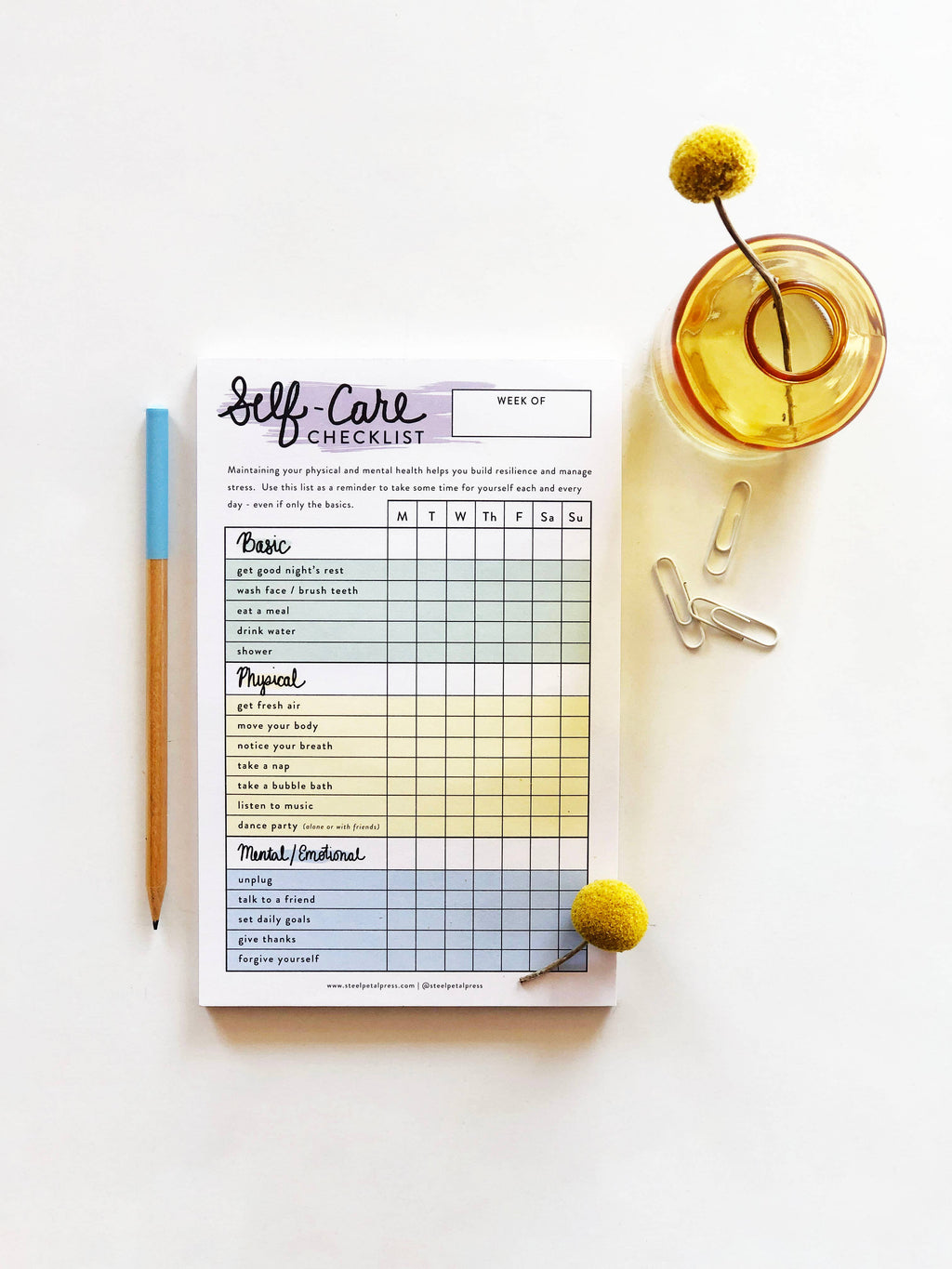 Self Care Checklist Notepad