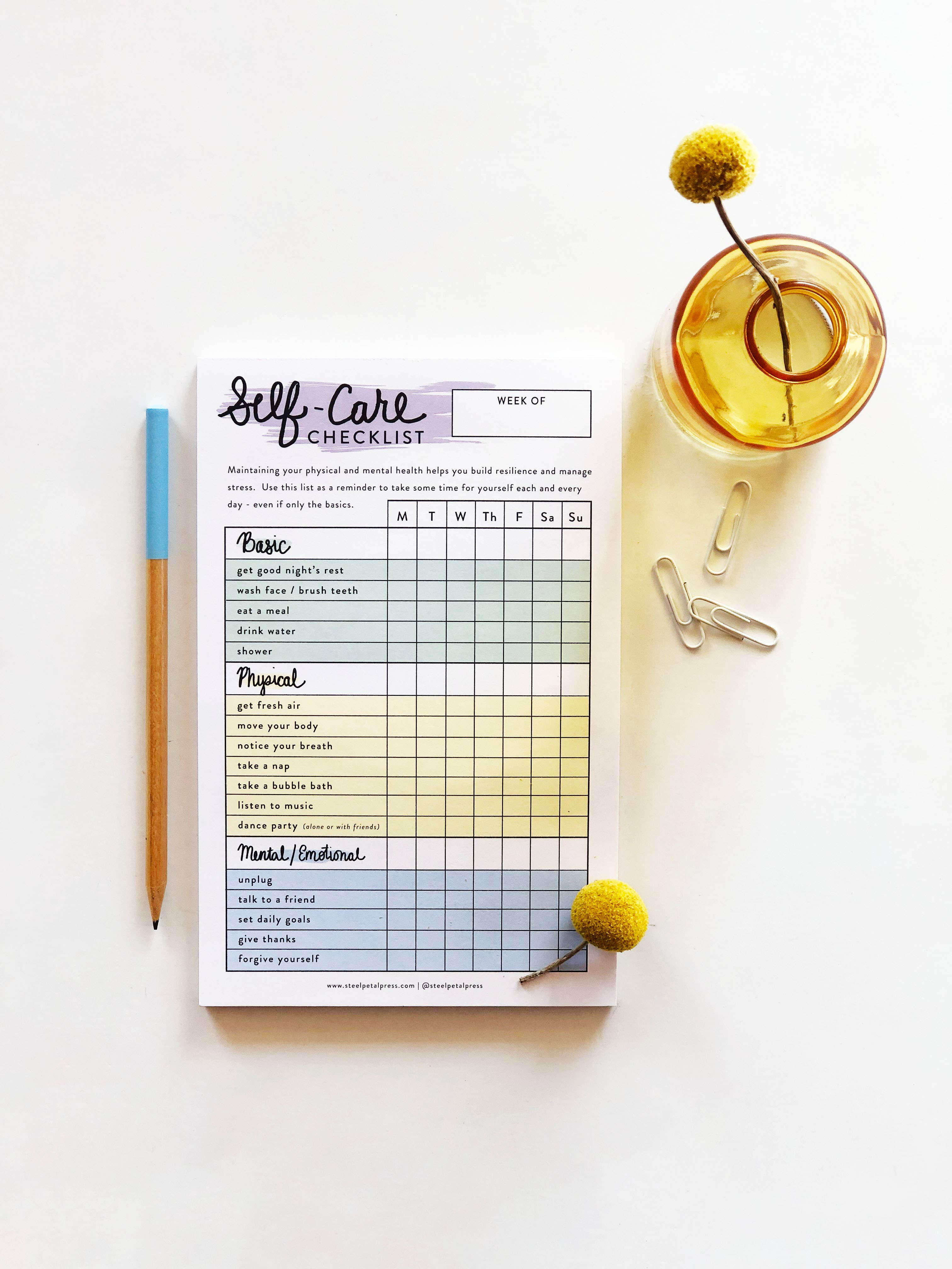 Self Care Checklist Notepad