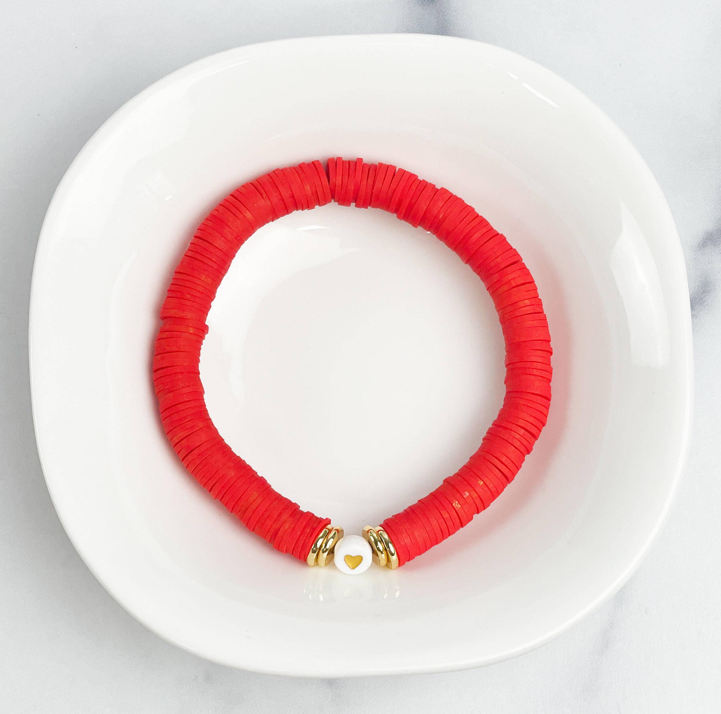 7.5" Red with Heart Heishi Bracelet