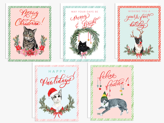 Christmas Cats Holiday Greeting Cards - Set of 5