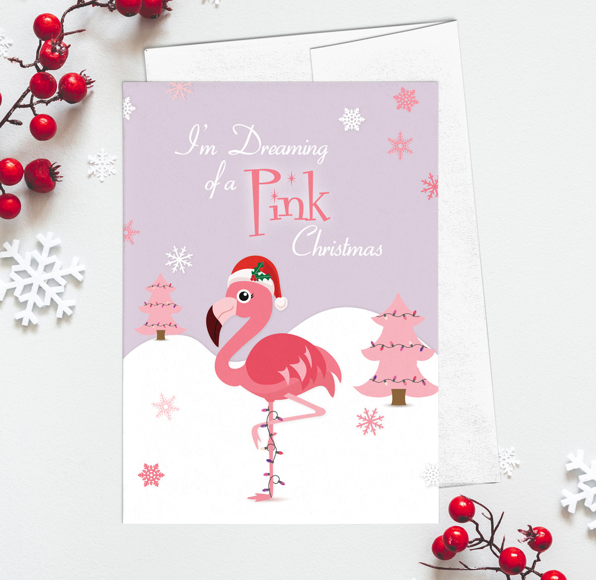Dreaming of a Pink Flamingo Christmas Holiday 12 pack Flat note cards A7