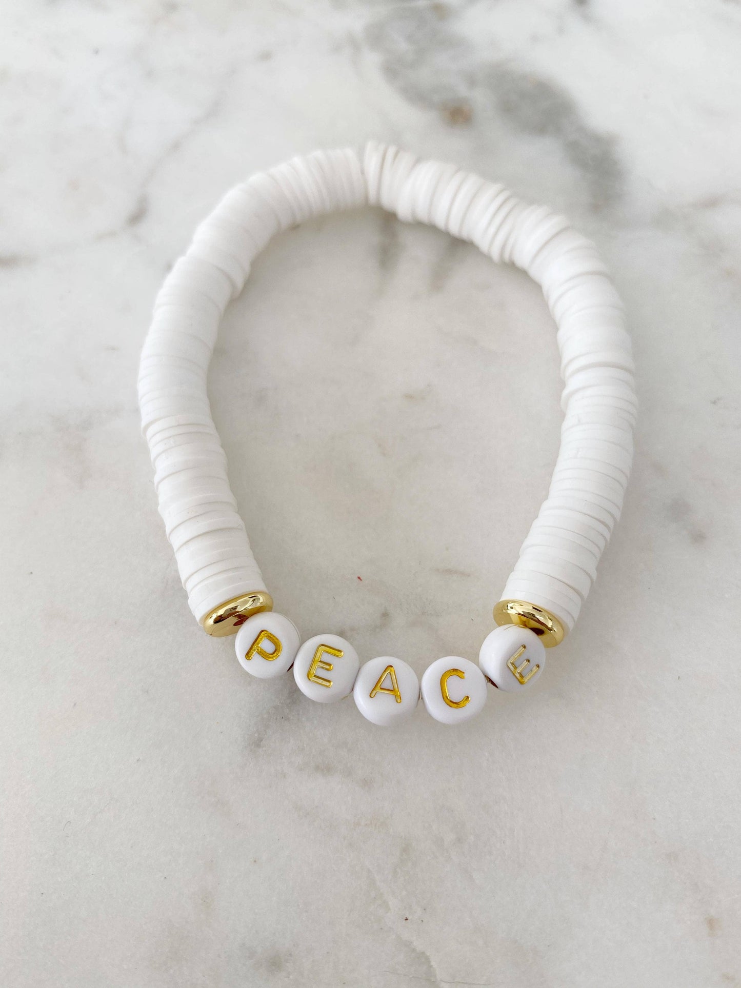 "Peace" White Heishi Color Pop Bracelet - 7.5 inch