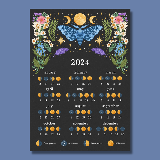 2024 Blue Moth Floral Lunar Magnetic Calendar