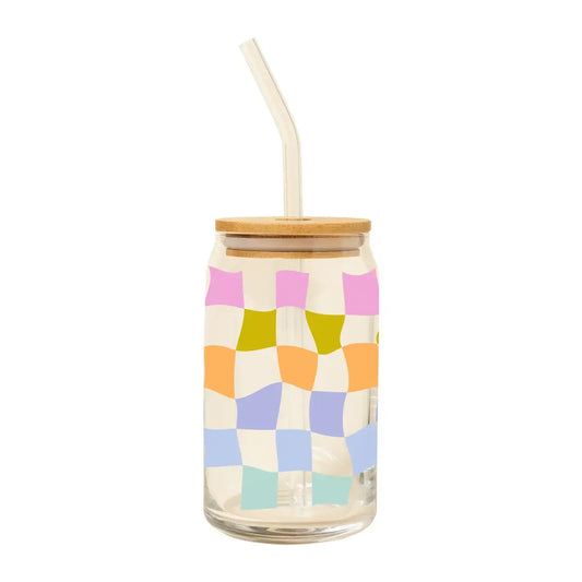 Can Glass w/Lid + Straw: Carnival Check
