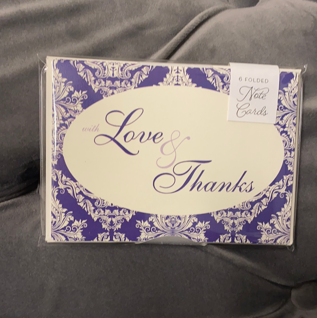 Love & Thanks Damask Purple 6 pack Folded card Note Card